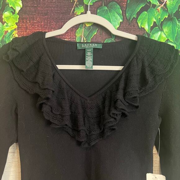 Lauren Ralph Lauren XS Small Petite Black Ruffled V Neck Blouse Pullover Sweater - Picture 1 of 5